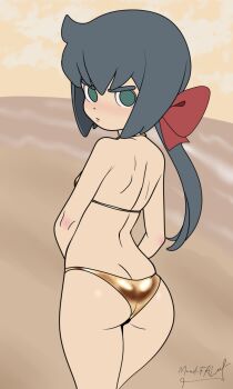 1girl artist_name ass back bare_arms bare_back bare_shoulders beach bikini blue_hair blush bow breasts butt_crack closed_mouth constanze_amalie_von_braunschbank-albrechtsberger cowboy_shot dimples_of_venus from_behind frown gold_bikini green_eyes hair_between_eyes hair_bow halterneck legs_together light_frown little_witch_academia loli long_hair looking_at_viewer looking_back low_ponytail maud_fal no_pupils ocean outdoors ponytail red_bow sand shoulder_blades sidelocks signature skindentation sky small_breasts solid_eyes solo standing string_bikini swimsuit thick_eyebrows