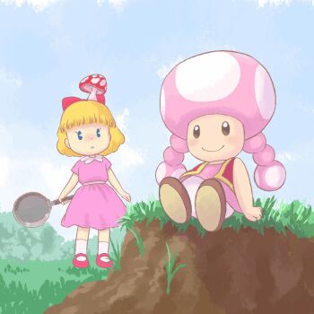 2girls animated animated_gif arm_support blonde_hair blue_eyes blush bow braid brown_eyes brown_shorts bush cloud company_connection crossover dress frying_pan grass hair_bow holding holding_frying_pan long_hair mario_(series) mary_janes mother_(series) mother_2 multiple_girls mushroom mushroom_on_head nintendo pac-man_eyes pants parted_lips paula_(mother_2) pink_dress pink_hair red_bow red_shoes red_vest shoes short_hair short_sleeves shorts sitting sky sleeveless sleeveless_dress smile socks standing teeth toadette twin_braids vest white_pants white_socks yamanokonza