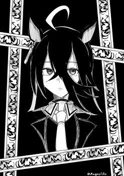 1girl animal_ears black_background choker closed_mouth collared_shirt commentary crossed_bangs ear_ornament ear_tag earrings english_commentary expressionless frown greyscale hair_between_eyes highres horse_ears horse_girl jewelry long_hair_between_eyes magnoliko manhattan_cafe_(umamusume) monochrome necktie shirt simple_background single_earring solo twitter_username umamusume