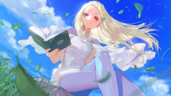 1girl absurdres blonde_hair blue_sky book braid braided_bangs capelet cloud cloudy_sky colored_eyelashes crossed_legs dress floating_hair game_asset grass highres holding holding_book ingrid_(capcom) leaf long_hair looking_at_viewer missing_headwear mita_chisato non-web_source official_art on_rock pantyhose purple_capelet purple_pantyhose red_eyes self-datamine sitting sky smile solo street_fighter street_fighter_6 white_dress wind