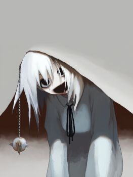 1girl :d bags_under_eyes ball_and_chain_(weapon) black_eyes collared_dress dress grey_background grey_dress happy_routine highres horror_(theme) long_sleeves medium_hair open_mouth original smile solo under_covers weapon white_hair