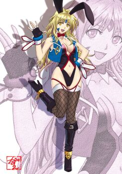 1girl :d animal_ears blonde_hair breasts cleavage fingerless_gloves fishnet_thighhighs fishnets forehead_jewel full_body gloves highres large_breasts long_hair looking_at_viewer navel open_mouth project_x_zone project_x_zone_2 saitou_kazue sheath_(pxz) smile solo thighhighs yellow_eyes