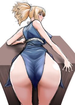 1girl ass bare_shoulders bent_over blonde_hair blue_eyes blush breasts come_hither dr._stone dress embarrassed feet_out_of_frame female_focus from_behind huge_ass iamyourkumasan kohaku_(dr._stone) large_breasts looking_at_viewer looking_back medium_hair parted_lips profile short_dress simple_background sketch sleeveless sleeveless_dress solo standing table teeth twisted_torso white_background
