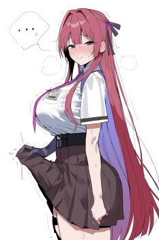 ... 1girl absurdres black_gloves black_ribbon black_skirt blush breast_pocket bulge chaos_zero_nightmare clenched_hand collared_shirt colored_inner_hair commentary erection erection_under_clothes futanari gloves hair_ribbon highres long_hair looking_at_viewer multicolored_hair pleated_skirt pocket purple_hair red_hair rei_(chaos_zero_nightmare) ribbon shirt shirt_tucked_in short_sleeves sidelocks simple_background single_glove skirt smile solo spoken_ellipsis standing star_(symbol) sweat symbol-only_commentary thigh_strap trembling white_background white_shirt xipa