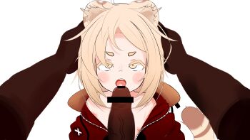 1boy 1girl absurdres animal_ears blonde_hair censored dark_skin fang fellatio flat_chest hetero highres imminent_fellatio interracial kate_mura kitsuko_mura licking licking_penis loli looking_at_viewer niples oral penis pov pov_crotch pov_hands precum saliva short_hair tagme tail tiger_ears tiger_tail yellow_eyes