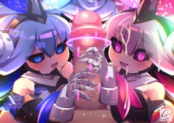 Rule 34 | 2girls, armor, azure striker gunvolt, azure striker gunvolt 2, bare shoulders, black sclera, blue eyes, blue hair, blush, censored, colored sclera, commentary request, cooperative handjob, cum, cum in mouth, cum on body, dual persona, facial, ffm threesome, group sex, gummyrise, hair between eyes, handjob, mosaic censoring, multiple girls, naughty face, open mouth, pantera (gunvolt), pink eyes, pink hair, pov, power armor, signature, smile, sweat, teamwork (sexual), threesome