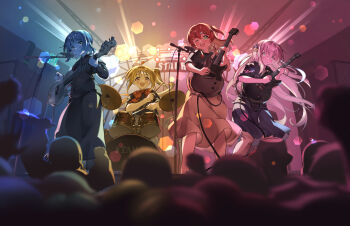 4girls artist_name audience black_shirt black_skirt blonde_hair blue_hair blurry blurry_foreground blush bocchi_the_rock! bokeh bow bowtie cable closed_mouth color_coordination commentary_request cube_hair_ornament cymbals depth_of_field drumsticks electric_guitar fisheye floating_hair gibson_les_paul gotoh_hitori grey_skirt guitar hair_ornament holding holding_drumsticks holding_guitar holding_instrument ijichi_nijika indoors instrument kessoku_band kita_ikuyo long_hair long_skirt microphone microphone_stand multiple_girls music official_alternate_costume one_eye_closed one_side_up open_mouth pink_hair playing_guitar playing_instrument pleated_skirt polka_dot polka_dot_bow polka_dot_bowtie red_bow red_bowtie red_hair shirt short_hair side_ponytail skirt smile stage standing t-shirt totouri very_long_hair yamada_ryo