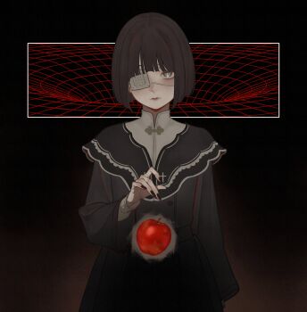 1girl absurdres apple black_background black_dress black_hair black_nails blue_eyes blush capelet commentary_request dress expressionless eyepatch food fruit highres looking_at_viewer original short_hair solo straight-on upper_body wormhole zudxpnz