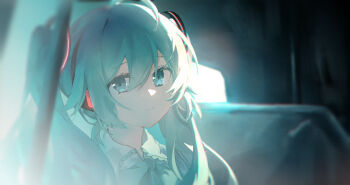 Rule 34 | 1girl, aqua eyes, aqua hair, blurry, blurry background, blurry foreground, closed mouth, commentary, english commentary, hair ornament, hatsune miku, highres, long hair, looking at viewer, portrait, rio (fantasticxiran), smile, solo, twintails, vocaloid