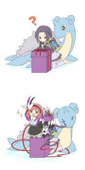 Rule 34 | > <, 2koma, ?, akechi mitsuhide (sengoku musou), armor, black skirt, blood, blood splatter, blue eyes, box, braid, braided bangs, comic, gen 1 pokemon, gen 5 pokemon, gift, gift box, girl in a box, gold trim, gothitelle, green eyes, hair ribbon, hairband, gracia (sengoku musou), japanese clothes, kimono, kneeling, lapras, long hair, nintendo, pokemon, pokemon conquest, ponytail, purple hair, red hair, ribbon, ribbon collar, sengoku musou, skirt