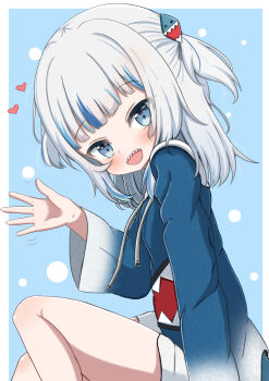 1girl :d absurdres blue_background blue_hair blue_hoodie blush border commentary drawstring feet_out_of_frame gawr_gura gawr_gura_(1st_costume) grey_hair hair_ornament heart highres hololive hololive_english hood hood_down hoodie jiu_(sdesd3205) long_hair long_sleeves looking_at_viewer looking_to_the_side multicolored_hair open_mouth sharp_teeth sitting smile solo streaked_hair teeth two_side_up virtual_youtuber white_border wide_sleeves