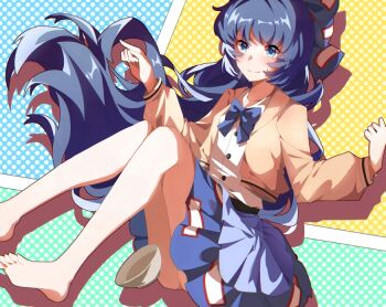 1girl adapted_costume barefoot blue_bow blue_bowtie blue_eyes blue_hair blue_skirt blush bow bowl bowtie closed_mouth commentary_request debt hair_bow long_hair long_sleeves nymphus polka_dot polka_dot_background shirt skirt solo touhou very_long_hair white_shirt yorigami_shion