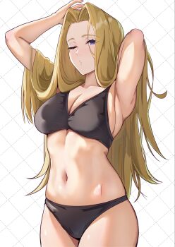 Rule 34 | 1girl, arm up, armpits, blonde hair, bra, breasts, cleavage, closed mouth, commentary request, cowboy shot, highres, large breasts, long hair, looking at viewer, methode (sousou no frieren), midriff, o3o, one eye closed, panties, puckered lips, purple eyes, simple background, solo, sousou no frieren, stomach, thick thighs, thighs, underwear, upper body, yami anko