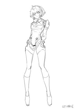 Rule 34 | 1girl, ahoge, aigis (persona), android, arms behind back, bow, bowtie, breasts, closed mouth, commentary, dated, expressionless, full body, greyscale, haun, headphones, highleg, highleg leotard, joints, legs, leotard, lineart, looking at viewer, monochrome, persona, persona 3, photoshop (medium), robot joints, short hair, simple background, sketch, small breasts, solo, standing, white background
