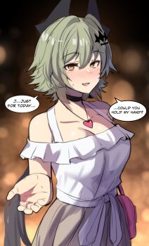 1girl :d absurdres alternate_costume bare_shoulders black_choker breasts brown_eyes caesar_king_(zenless_zone_zero) choker cleavage green_hair grey_skirt heart_pendant highres hinghoi large_breasts looking_at_viewer off-shoulder_shirt off_shoulder open_mouth shirt skirt smile solo speech_bubble upper_body white_shirt zenless_zone_zero