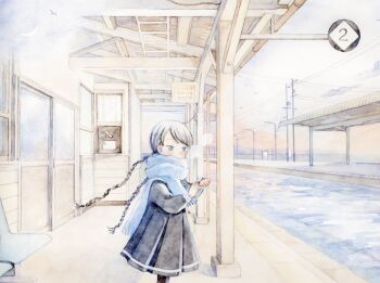 1girl black_dress black_hair blue_eyes blue_scarf blush braid breath chyoma cloud commentary cowboy_shot dress grey_sky hands_up highres long_hair long_sleeves looking_at_watch looking_down original painting_(medium) parted_bangs railroad_tracks scarf scenery sky solo standing traditional_media train_station train_station_platform twin_braids watch watercolor_(medium) wristwatch