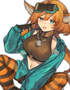 1girl :p aciddrop_(afternoon_teatime)_(arknights) aciddrop_(arknights) aqua_jacket arknights bare_shoulders black_gloves black_pantyhose blue_eyes breasts bright_pupils chain chain_necklace commentary crop_top fumi_(rdbm) gloves goggles goggles_on_head highres jacket jewelry kjerag_logo large_breasts light_blush long_hair long_sleeves looking_at_viewer medallion navel necklace official_alternate_costume orange_hair orange_pantyhose pantyhose simple_background smile solo striped_clothes striped_pantyhose tongue tongue_out white_background white_pupils