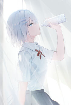 0_tang_hongcha 1girl absurdres black_skirt blue_eyes bottle breasts date_a_live drinking from_side hair_ornament hairclip hand_up highres holding holding_bottle looking_at_viewer medium_breasts medium_hair neck_ribbon pleated_skirt red_ribbon ribbon school_uniform shirt skirt solo tobiichi_origami white_hair white_shirt