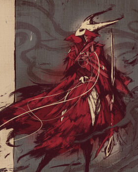 1girl akramness arm_at_side armor arthropod_girl black_eyes black_skin blank_eyes cloak colored_skin faulds female_focus from_side furry furry_female grey_background hand_up hand_wraps high_collar highres holding holding_weapon hollow_knight hollow_knight:_silksong hornet_(hollow_knight) needle_(hollow_knight) red_cloak solo standing string torn_cloak torn_clothes weapon