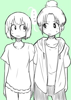 ... 2girls camisole city_(arawi_keiichi) closed_mouth collarbone dot_nose geruman_(three_slope) green_background greyscale_with_colored_background highres hood hood_down hoodie izumi_wako looking_at_another monochrome multiple_girls nagumo_midori niikura_(city) open_clothes open_hoodie ponytail shared_speech_bubble short_hair short_sleeves shorts sidelocks simple_background small_sweatdrop speech_bubble straight-on thighs