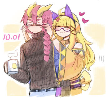 1boy 1girl animal_ear_hairband animal_ears baby_animal back_bow bare_shoulders beco_(100me) belt belt_buckle bird black_belt black_hair black_sweater blonde_hair blue_pants blunt_bangs bow bra_strap bracelet braid buckle cat_ear_hairband cat_ears chick clone closed_mouth commentary_request couple cropped_legs cup dated denim fake_animal_ears galacta_knight galactic_nova glasses gold_bracelet gold_necklace hair_between_eyes hair_over_shoulder hair_ribbon hairband happy heart hetero holding holding_cup horns japanese_clothes jeans jewelry kimono kirby_(series) light_blush light_frown long_hair long_sleeves motion_lines mug multiple_bracelets necklace nintendo orange_kimono outline pants personification pink_eyes pink_hair purple-framed_eyewear red_ribbon ribbon sidelocks simple_background single_braid sketch smile steam sweatdrop sweater thick_eyebrows tress_ribbon triangle_print triangular_eyewear turtleneck turtleneck_sweater two-tone_background unamused white_background white_outline wide_sleeves yellow_background yellow_horns yellow_ribbon