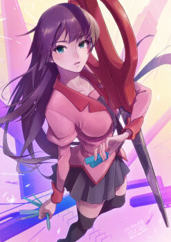 1girl absurdres bakemonogatari black_necktie black_skirt black_thighhighs boxcutter breasts crab dated foreshortening green_eyes highres holding juliet_sleeves long_hair long_sleeves looking_at_viewer medium_breasts monogatari_(series) naoetsu_high_school_uniform necktie oversized_object parted_lips pen perspective pink_shirt pleated_skirt puffy_sleeves purple_hair ruler school_uniform scissors senjougahara_hitagi shirt skirt solo stapler stationery teeth thighhighs twitter_username very_long_hair you8_pen
