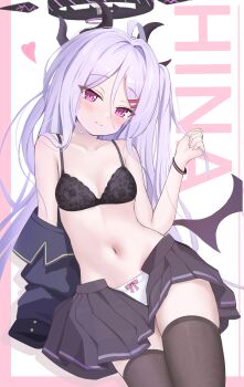1girl absurdres ahoge black_bra black_halo black_pantyhose black_thighhighs blue_archive blush bra demon_girl demon_horns demon_wings halo heart highres hina_(blue_archive) horns lace loli long_hair looking_at_viewer low_wings midriff navel panties pantyhose purple_eyes school_uniform sichuan_luo_li sitting solo thighhighs thighs underwear white_hair white_panties wings