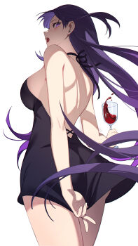 1girl absurdres alcohol alternate_costume alternate_hairstyle ass ass_focus back bare_shoulders black_dress blunt_bangs blush breasts commentary_request covering_ass covering_privates cup dress drinking_glass from_behind from_below from_side genshin_impact gluteal_fold gradient_hair hair_flowing_over highres holding holding_cup large_breasts long_hair looking_to_the_side mc-sm multicolored_hair open_mouth purple_eyes purple_hair raiden_shogun red_wine shade simple_background sleeveless sleeveless_dress solo standing thighs upper_body white_background wine wine_glass