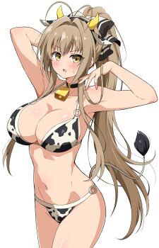 1girl absurdres amagi_brilliant_park animal_ear_hairband animal_ears animal_print antenna_hair bell bikini black_collar blush breasts brown_eyes brown_hair cleavage cloud collar collarbone commentary cow_ear_hairband cow_ears cow_horns cow_print cow_print_bikini cowbell cowboy_shot eggman_(ni_tamagoex) fake_animal_ears fake_horns feet_out_of_frame hairband halterneck highres horizon horn_hairband horns large_breasts long_hair looking_at_viewer navel neck_bell o-ring o-ring_bikini open_mouth ponytail print_bikini ribbon sento_isuzu simple_background solo standing string_bikini swimsuit symbol-only_commentary very_long_hair wet white_background