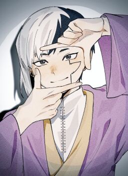 Rule 34 | 0a 9 (pixiv82791714), 1boy, asagiri gen, black eyes, black hair, closed mouth, coat, dr. stone, finger frame, grey eyes, jacket, japanese clothes, long sleeves, looking at viewer, male focus, multicolored hair, purple coat, purple jacket, shirt, short hair, smile, solo, split-color hair, two-tone hair, upper body, white background, white hair, white shirt, wide sleeves