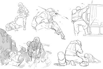 Rule 34 | 1girl, acog, agent 416 (girls' frontline), agent 416 (shield of manhattan) (girls' frontline), assault rifle, boots, cleaners, flamethrower, gas cylinder, gas mask, girls' frontline, gun, h&amp;k hk416, highres, hk416 (girls' frontline), holding, holding gun, holding weapon, knee pads, mask, multiple boys, respirator, rifle, tactical clothes, tom clancy's the division, trigger discipline, weapon, xinhao