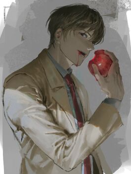 Rule 34 | 1boy, apple, blood, blood from mouth, brown eyes, brown hair, brown jacket, collared shirt, death note, eating, food, fruit, highres, holding, holding food, holding fruit, jacket, looking at viewer, male focus, necktie, on ho10, red necktie, shirt, short hair, solo, upper body, white shirt, yagami light