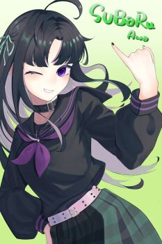 Rule 34 | 1girl, ahoge, awa subaru, black choker, black hair, black nails, black sailor collar, black shirt, breasts, character name, choker, cleavage, commentary, girls band cry, green ribbon, green skirt, hair ribbon, highres, long hair, long sleeves, nail polish, neckerchief, one eye closed, ono o aki, open mouth, parted bangs, pinky out, plaid clothes, plaid skirt, purple eyes, purple neckerchief, ribbon, sailor collar, school uniform, serafuku, shirt, sidelocks, skirt, solo, untranslatable commentary