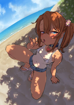 1girl bare_arms bare_legs bare_shoulders beach belt_collar bikini bikini_top_only blue_eyes blush breasts brown_hair collar commentary_request day denim denim_shorts ebisujima_misato fang fellatio_gesture fingernails flip-flops footprints full_body half-closed_eyes heart_pendant highres horizon loli long_fingernails looking_at_viewer micro_bikini nail_polish naughty_face navel ocean one-piece_tan open_mouth original outdoors sand sandals short_hair short_shorts shorts side_ponytail small_breasts solo squatting swimsuit tan tanline toenails toes tongue tongue_out tree_shade tsurime white_bikini yuma_(ebisujima_misato)