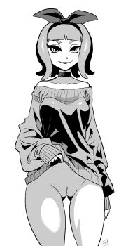 1girl bare_shoulders blunt_bangs bottomless breasts choker clothes_lift commentary cowboy_shot english_commentary gluteal_fold greyscale hairband highres kukuruyo lifting_own_clothes medium_breasts monochrome off-shoulder_sweater off_shoulder original pussy signature sleeves_past_wrists solo sweater sweater_lift