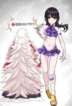 1boy 1girl absurdres bandaid bandaid_on_knee bandaid_on_leg bare_shoulders bikini black_hair breasts brown_eyes fate/grand_order fate_(series) frilled_bikini frills gameplay_mechanics hair_ornament hairclip highres hunter_x_hunter long_hair looking_at_viewer low_twintails miyu_edelfelt miyu_edelfelt_(swimsuit_lancer)_(second_ascension) navel niwaikanai parody purple_bikini sandals scene_reference sidelocks small_breasts solomon_(fate) swimsuit translation_request twintails very_long_hair white_hair