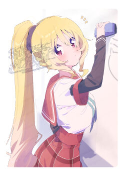 1girl blonde_hair blush border closed_mouth commentary_request cowboy_shot dot_nose hair_between_eyes highres holding_eraser layered_sleeves long_hair long_sleeves looking_at_viewer magia_record:_mahou_shoujo_madoka_magica_gaiden mahou_shoujo_madoka_magica notice_lines plaid_clothes plaid_skirt ponytail red_eyes red_sailor_collar red_skirt sailor_collar school_uniform serafuku serizawa_serizane shirt short_over_long_sleeves short_sleeves skirt solo togame_momoko watermark white_border white_shirt
