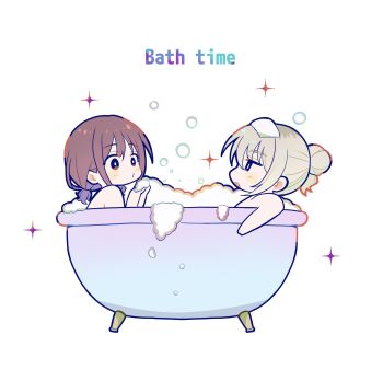 2girls bath chibi chibi_only closed_mouth commentary foam girls_band_cry grey_hair highres iseri_nina kawaragi_momoka lemoontya low_twintails multicolored_hair multiple_girls roots_(hair) same-sex_bathing shared_bathing short_hair short_twintails simple_background twintails white_background