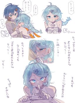 2girls ahoge bare_shoulders belle_(zenless_zone_zero) blue_eyes blue_hair blush braid braided_ponytail clenched_hands closed_eyes closed_mouth crossed_bangs detached_sleeves finger_to_mouth flower_hairpin formal_clothes gloves green_eyes hair_between_eyes hair_ornament hairpin half-closed_eyes highres hug letter_hair_ornament long_hair looking_at_another mole mole_on_shoulder motion_lines multiple_girls multiple_views open_clothes see-through_dress_layer seed_(zenless_zone_zero) short_hair shushing siiaka023 simple_background suit sweatdrop translation_request upper_body v-shaped_eyebrows white_background white_gloves white_suit yuri zenless_zone_zero