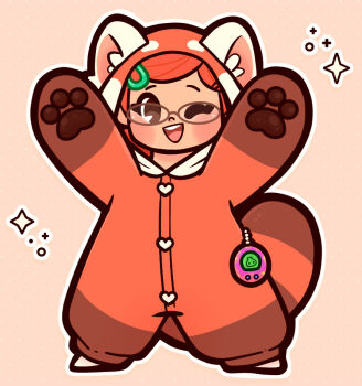 Rule 34 | 1girl, :d, animal ears, arms up, blush, brown-framed eyewear, brown eyes, buttons, commentary, cosplay, deformed, english commentary, fake animal ears, fake tail, glasses, heart button, hood, hood up, kigurumi, meilin lee, one eye closed, open mouth, orange fur, outline, pac-man eyes, pankekie, pawpads, polka dot, polka dot background, red panda costume, round eyewear, simple background, smile, solo, sparkle, tail, tamagotchi, tamagotchi (classic), tamagotchi (virtual pet), turning red, virtual pet (toy), white outline