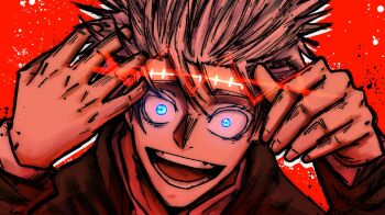 Rule 34 | 1boy, black jacket, colored eyelashes, commentary, crazy eyes, crazy smile, crown, english commentary, eyelashes, glowing, glowing eyes, glowing scar, gojou satoru, hair slicked back, hand on own head, highres, jacket, jujutsu kaisen, long sleeves, looking at viewer, male focus, open mouth, outline, paint splatter, red background, scar, scar on face, scar on forehead, short hair, smile, solo, teeth, tongue, tylearn, upper body, white hair, white outline, wide-eyed
