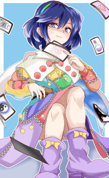 1girl :3 blue_background blue_hair boots border bow card cirno cloak closed_mouth crossed_legs footwear_bow hair_between_eyes hairband heart highres holding holding_card kakineko looking_at_viewer multicolored_clothes multicolored_hairband patchwork_clothes potion purple_boots short_hair simple_background sky_print smile solo tenkyuu_chimata touhou white_border wolf yellow_bow yin_yang