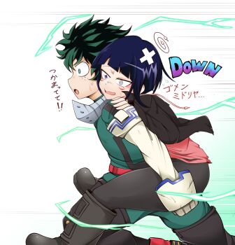 1boy 1girl blue_hair boku_no_hero_academia carrying carrying_person from_side green_eyes green_hair highres jiro_kyoka kagayai_akira midoriya_izuku open_mouth piggyback running short_hair superhero_costume thighs translation_request white_background