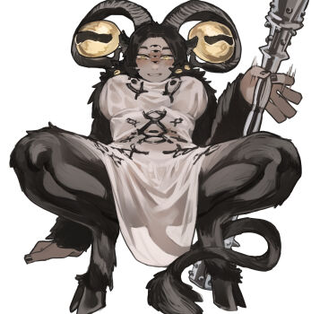 1girl absurdres animal_ears black_nails body_piercings breasts disembodied_eye elden_ring elden_ring_nightreign extra_eyes genderswap genderswap_(mtf) goat_ears goat_horns goat_legs handjob_gesture highres horizontal_pupils horns large_breasts libra_(elden_ring) mage_staff miao_jiangyou monster monster_focus monster_girl solo squatting staff very_big_eyes white_background