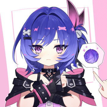 Rule 34 | 1girl, 1other, blue hair, bracelet, cabbage, closed mouth, commentary, crossed arms, english commentary, frown, genshin impact, hair ornament, highres, jewelry, juffles, looking at viewer, multicolored hair, pink background, pink hair, pointing, pointing at another, pov, pov hands, prune (genshin impact), purple eyes, screw hair ornament, short hair, simple background, solo focus, speech bubble, spoken food, studded bracelet, two-sided capelet, two-tone background, two-tone hair, upper body, white background