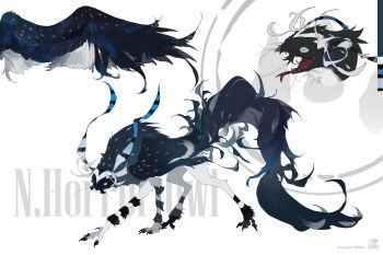 animal_feet animal_focus black_feathers black_wings blue_eyes blue_feathers blue_wings reference_sheet creature feathers full_body highres inset kamikiririp multicolored_feathers multicolored_wings no_humans original solo spotted_fur white_background white_eyes white_feathers white_wings wings