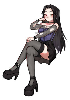 1girl black_choker black_hair black_skirt black_thighhighs blue_corset bodystocking breasts choker commentary corset cross cross_earrings crossed_legs earrings english_commentary full_body gluca high_heels highres invisible_chair jewelry long_hair medium_breasts miniskirt original raised_eyebrows red_eyes see-through_cleavage see-through_clothes sitting skirt solo thighhighs torn_bodystocking torn_clothes zettai_ryouiki