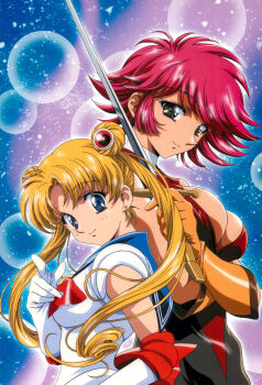 Rule 34 | 1990s (style), 2girls, bishoujo senshi sailor moon, blonde hair, blue eyes, bow, breasts, brooch, cleavage, company connection, crossover, cutie honey, cutie honey (character), double bun, earrings, gloves, green eyes, hair bun, highres, holding, holding sword, holding weapon, jewelry, kawarajima kou, kisaragi honey, looking at viewer, magical girl, multicolored suit, multiple girls, parted lips, pink hair, retro artstyle, sailor collar, sailor moon, sailor senshi, sailor senshi uniform, short hair, sleeveless, smile, sword, tiara, toei company, tsukino usagi, twintails, weapon, white gloves, yellow gloves