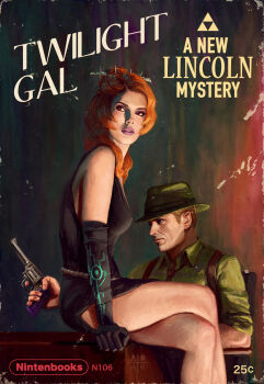 1boy 1girl astor_alexander blonde_hair commentary cover crossed_legs derivative_work detective dress elbow_gloves english_text fake_cover gloves gun hair_ornament handgun hat highres humanization link lips master_sword midna midna_(true) necktie nintendo orange_eyes orange_hair parody parted_lips realistic reference_work revolver sitting style_parody the_legend_of_zelda the_legend_of_zelda:_twilight_princess title_parody weapon