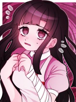 1girl apron bandaged_arm bandages blush collared_shirt danganronpa_(series) danganronpa_2:_goodbye_despair dn_rn_mtr flying_sweatdrops hands_up highres long_hair open_mouth pink_background pink_shirt puffy_short_sleeves puffy_sleeves red_eyes red_hair shirt short_sleeves solo sweat tsumiki_mikan white_apron